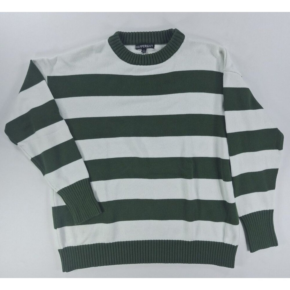 Harper & Ivy Striped Crewneck Sweater Women L Green White Long Sleeve Pullover